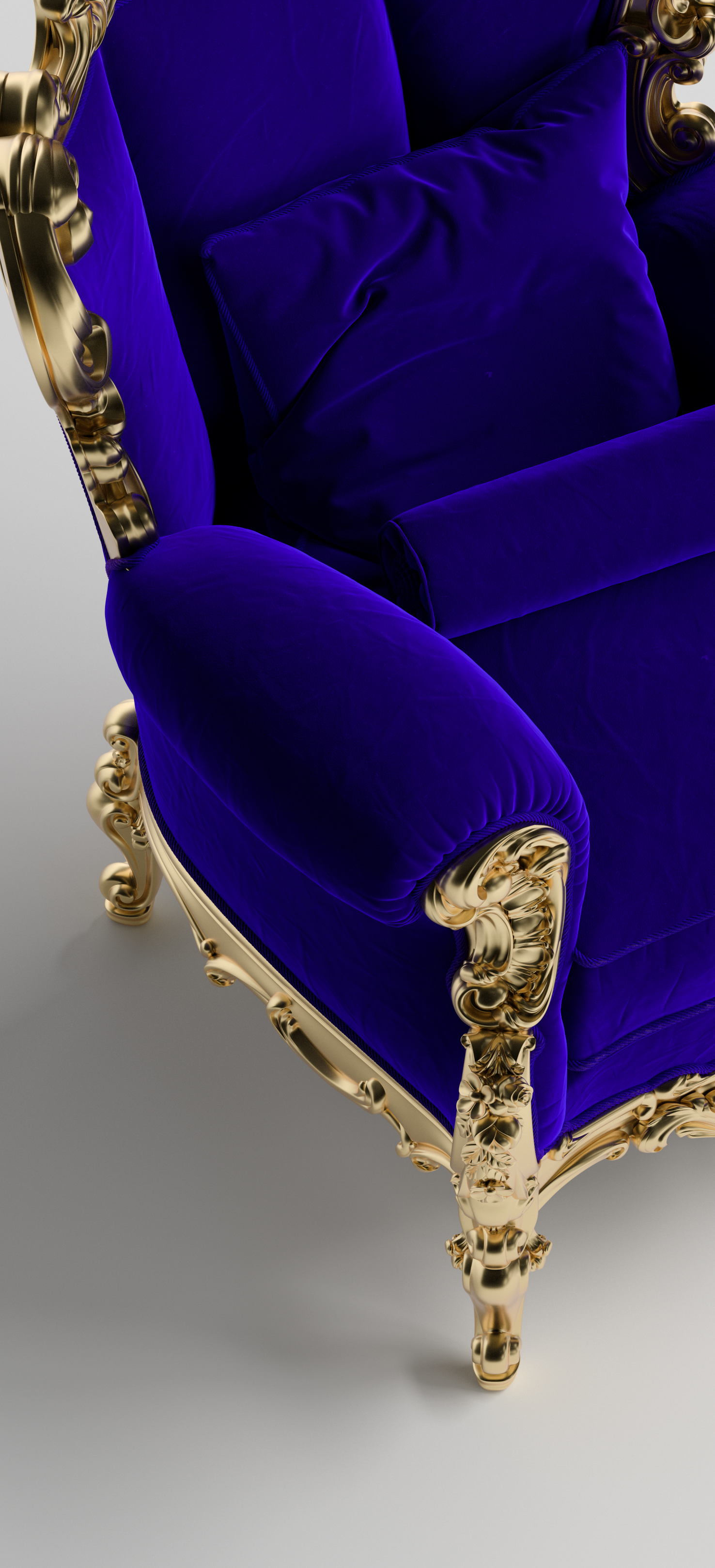 Close detail of the purple and gold chair