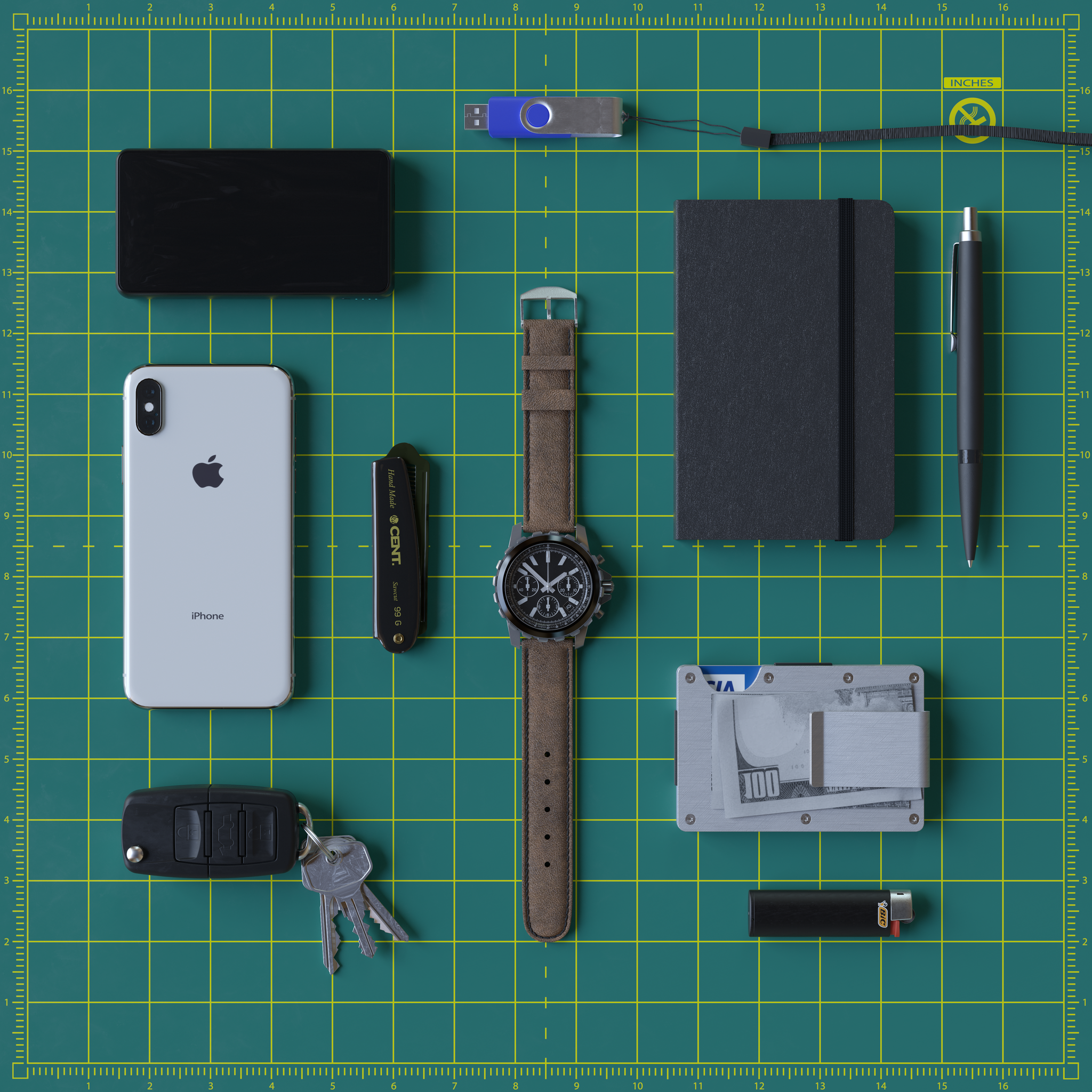 Everyday carry objects arranged as a product study