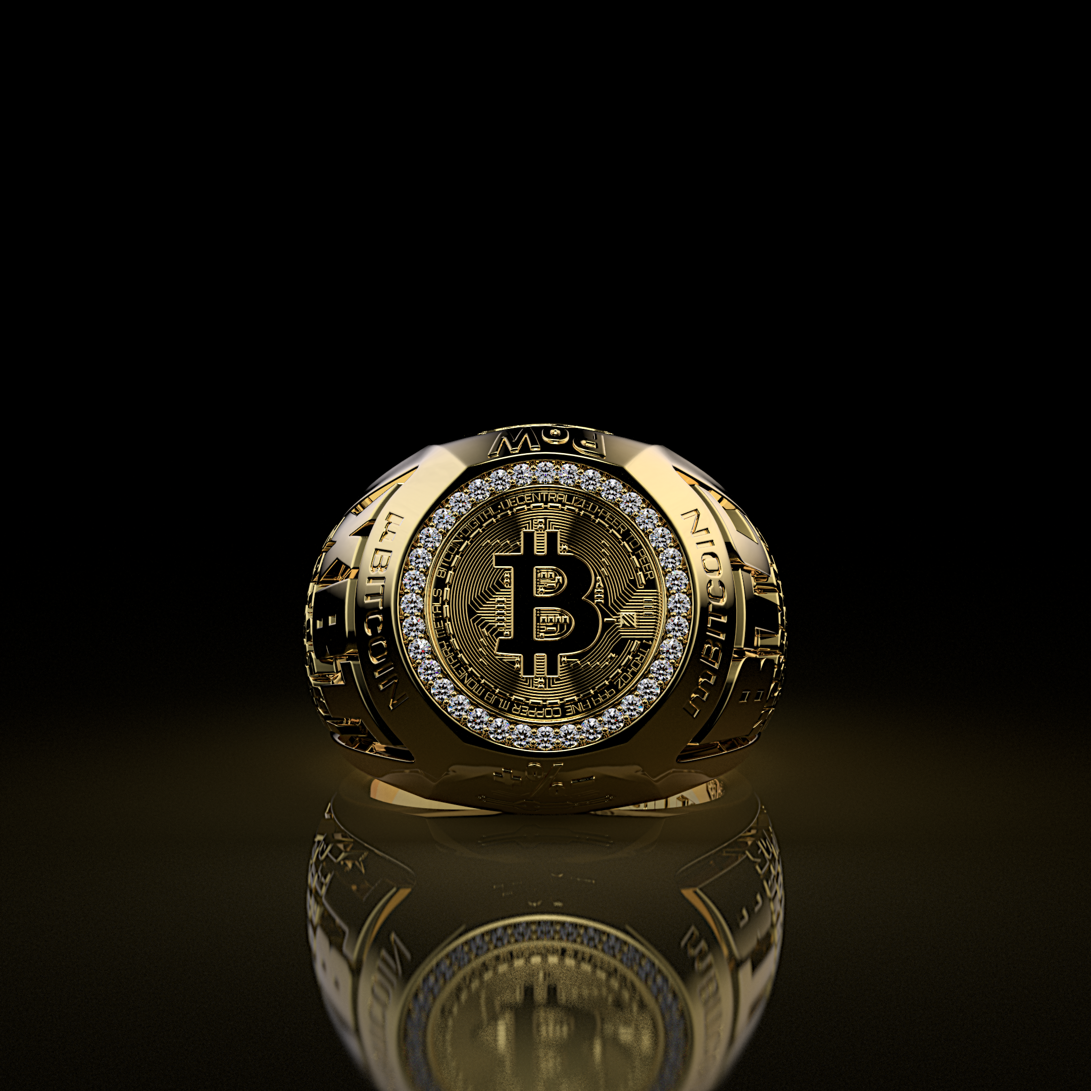 Custom gold Bitcoin ring designed for physical production